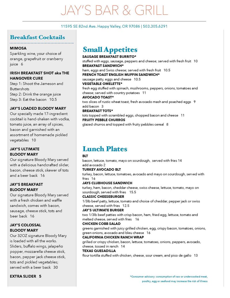 Jay's Bar & Grill Food & Drink Menus